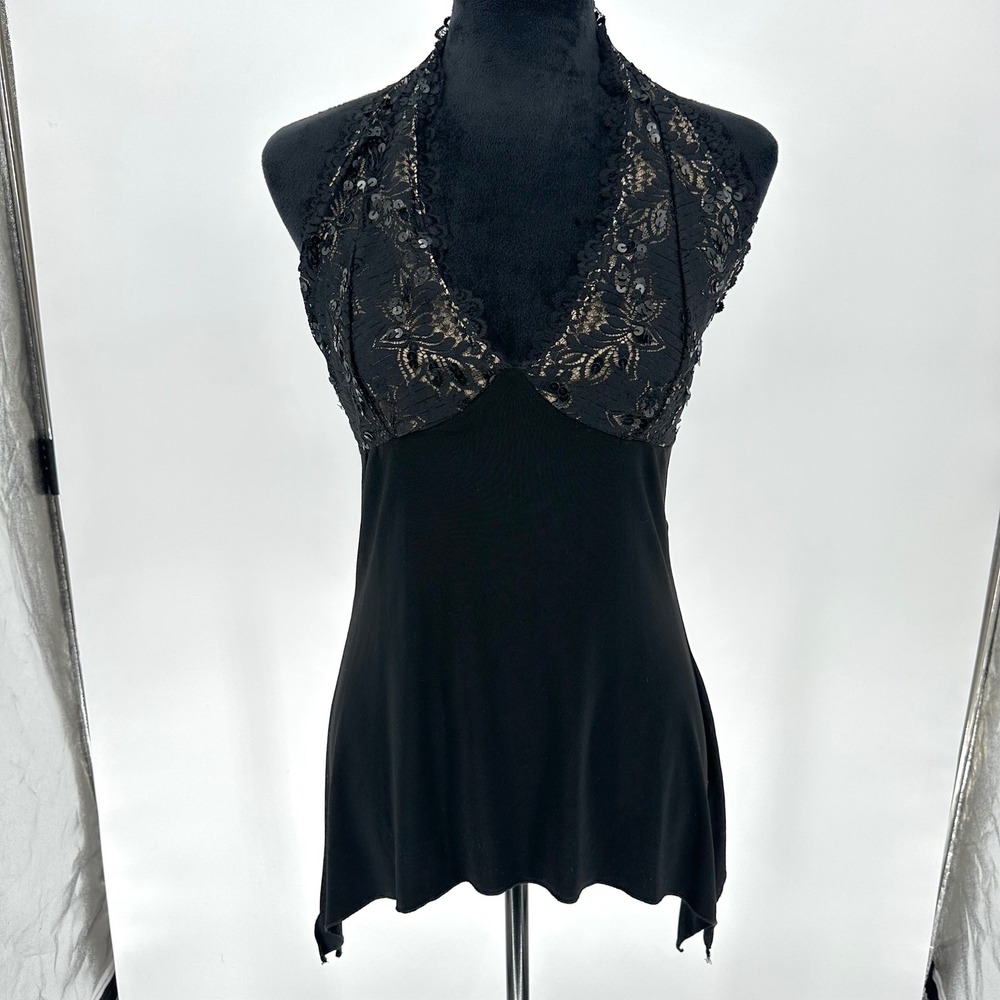 Y2K Charlotte Russe Black Halter Sequin Shark Bite Asymmetrical Top Whimsy Goth
